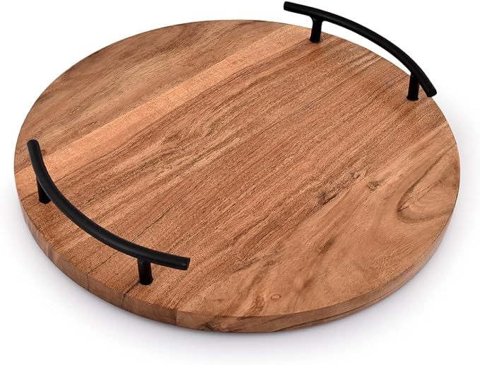 Plateau de service rond en bois avec poignées en fer